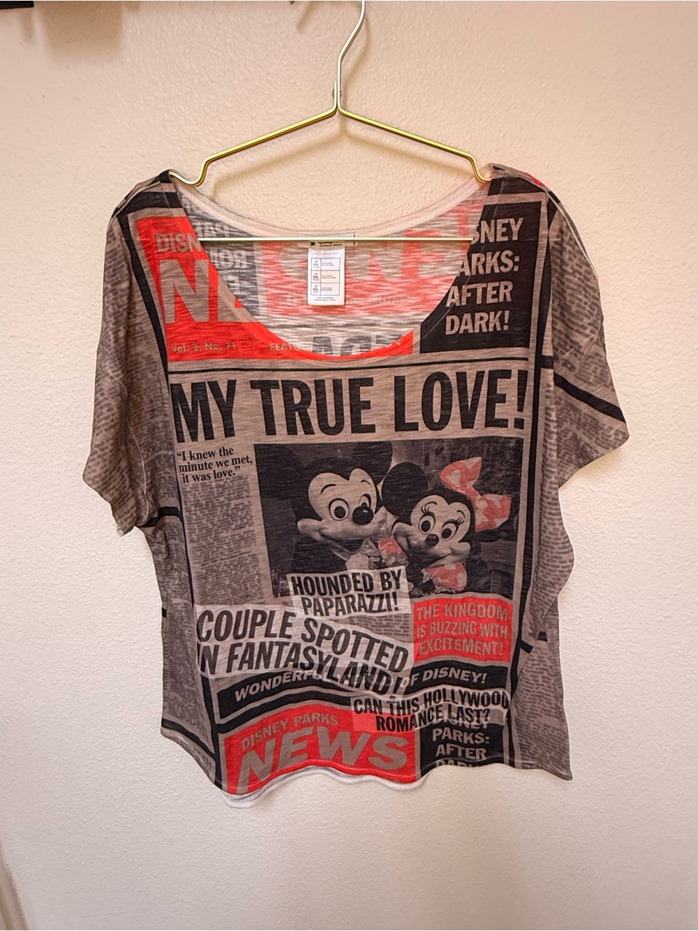 Disney Parks Mickey Minnie Newspaper‎ Print Top XXL Oversized Sheer Graphic Tee